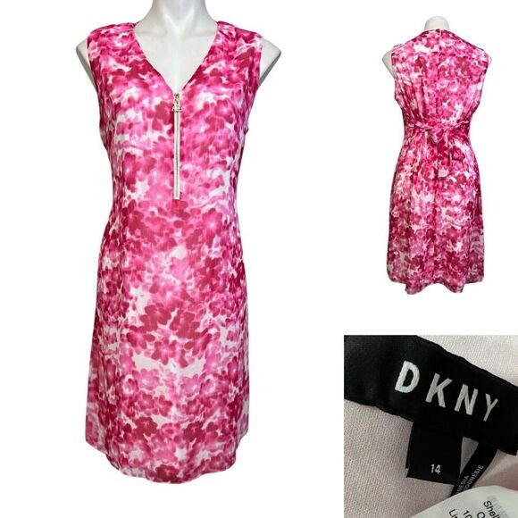DKNY dress plus size 14 pink white tie-waist sleeveless sheath spring casual‎ - Picture 1 of 6